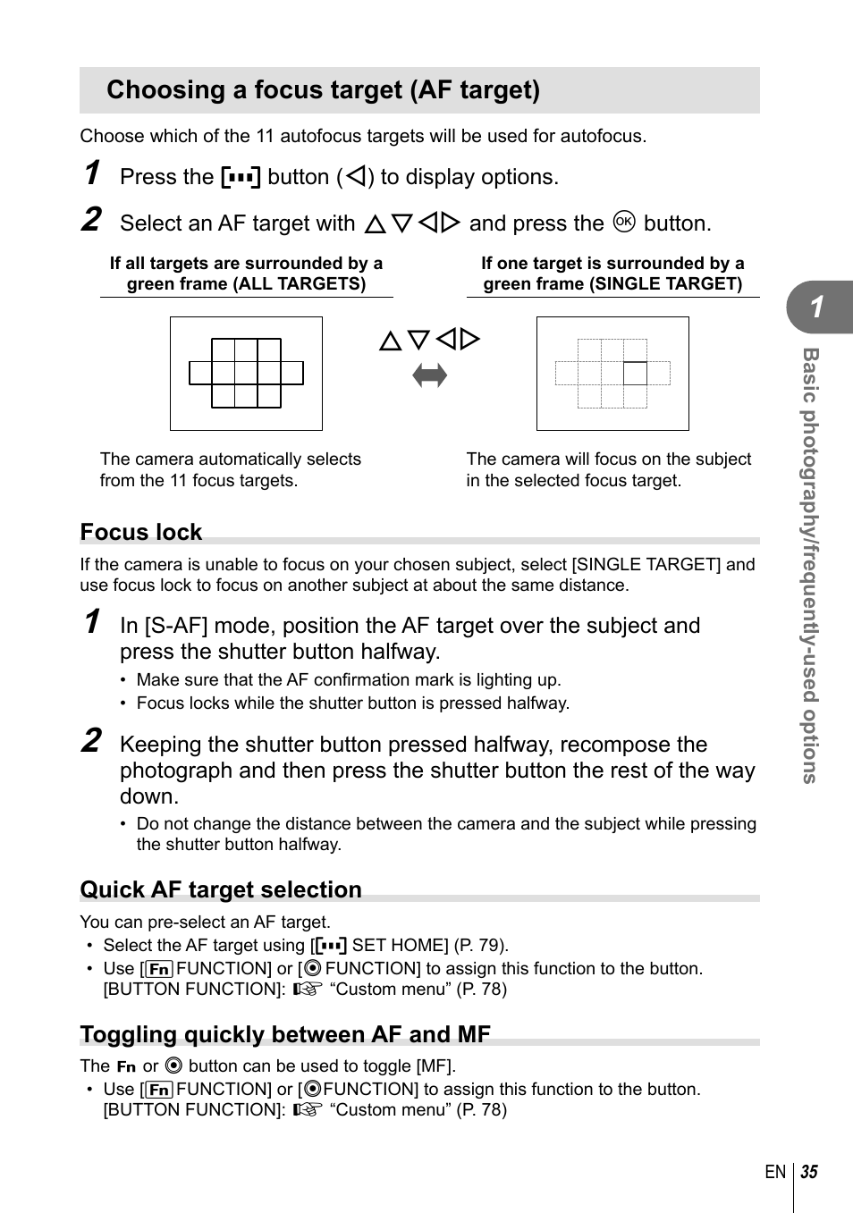 Choosing a focus target (af target) | Olympus E-PL2 User Manual | Page 35 / 124