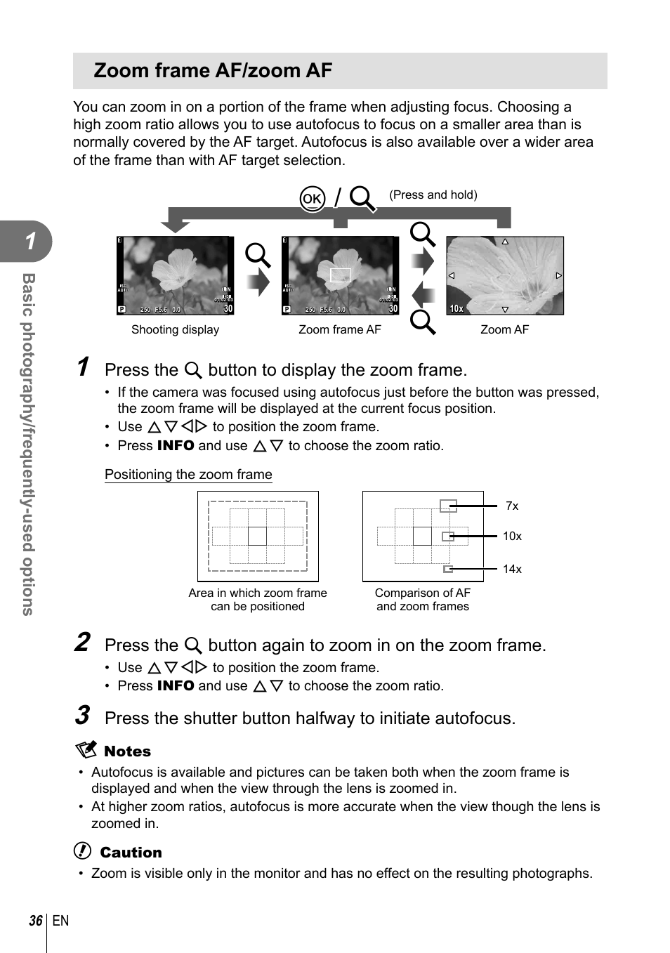 Uq q // u u, Zoom frame af/zoom af, Press the u button to display the zoom frame | Olympus E-PL2 User Manual | Page 36 / 124