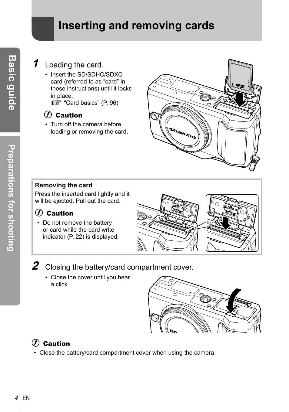 Inserting and removing cards, Basic guide, Preparations for shooting | Olympus E-PL2 User Manual | Page 4 / 124