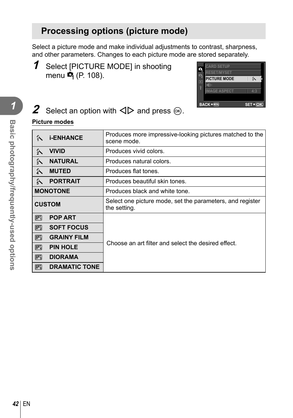Processing options (picture mode), Select [picture mode] in shooting menu w (p. 108), Select an option with hi and press q | Olympus E-PL2 User Manual | Page 42 / 124