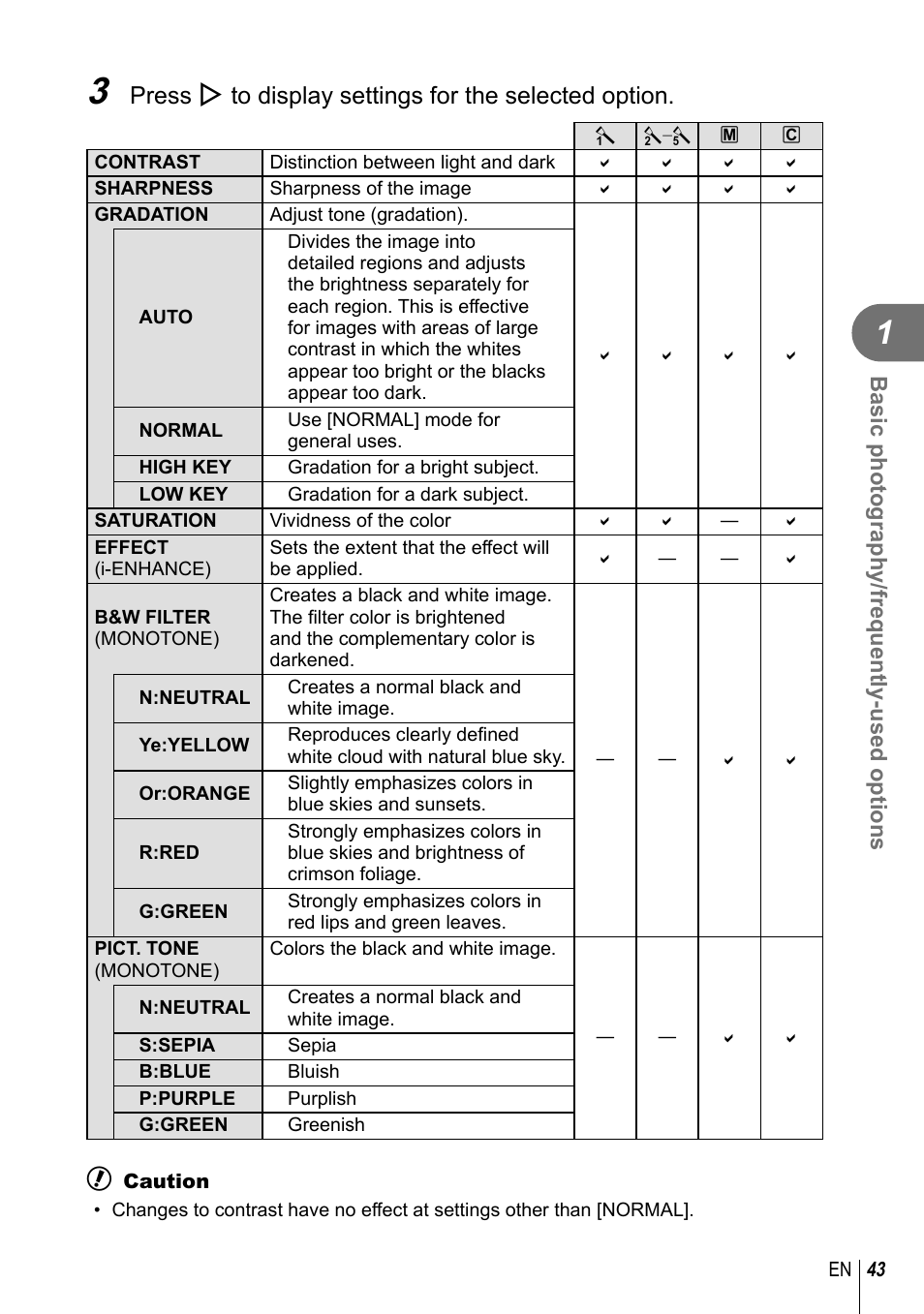 Basic photography/frequently-used options | Olympus E-PL2 User Manual | Page 43 / 124