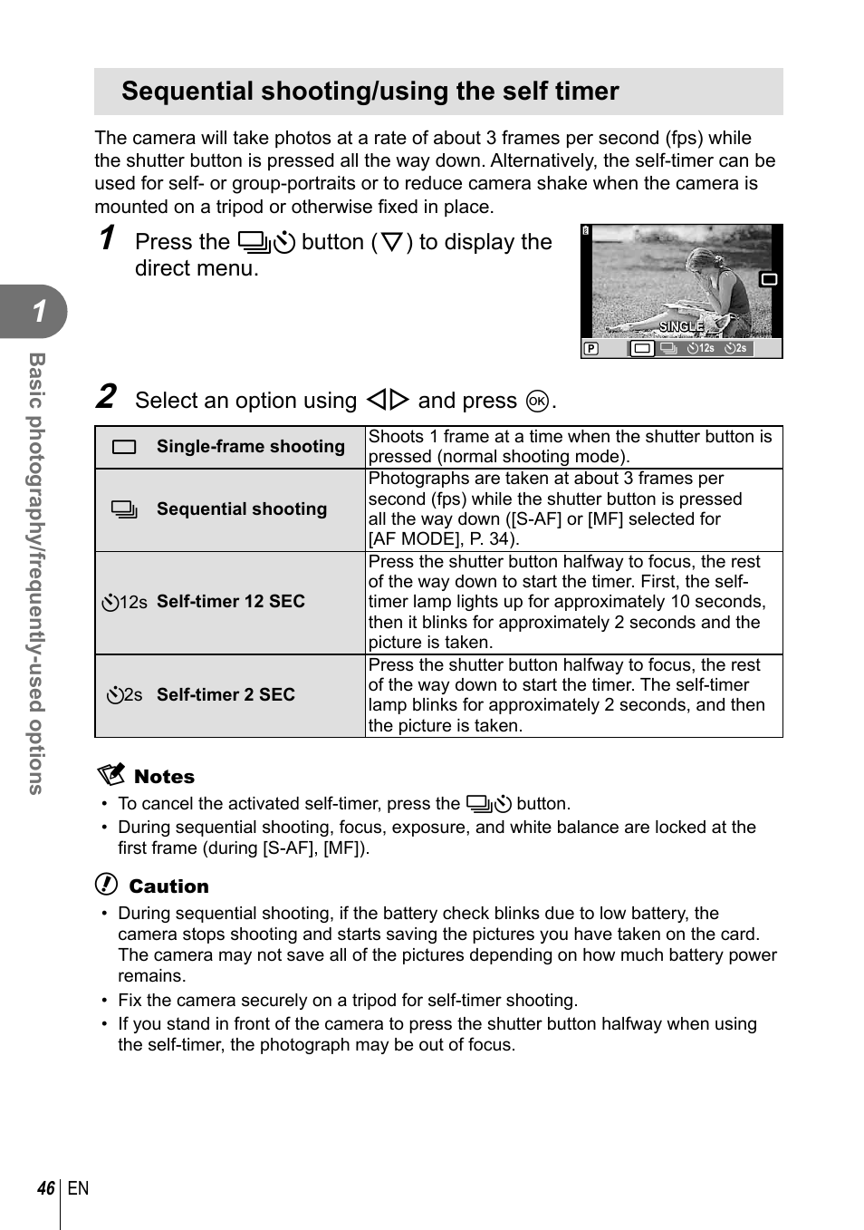 Sequential shooting/using the self timer | Olympus E-PL2 User Manual | Page 46 / 124