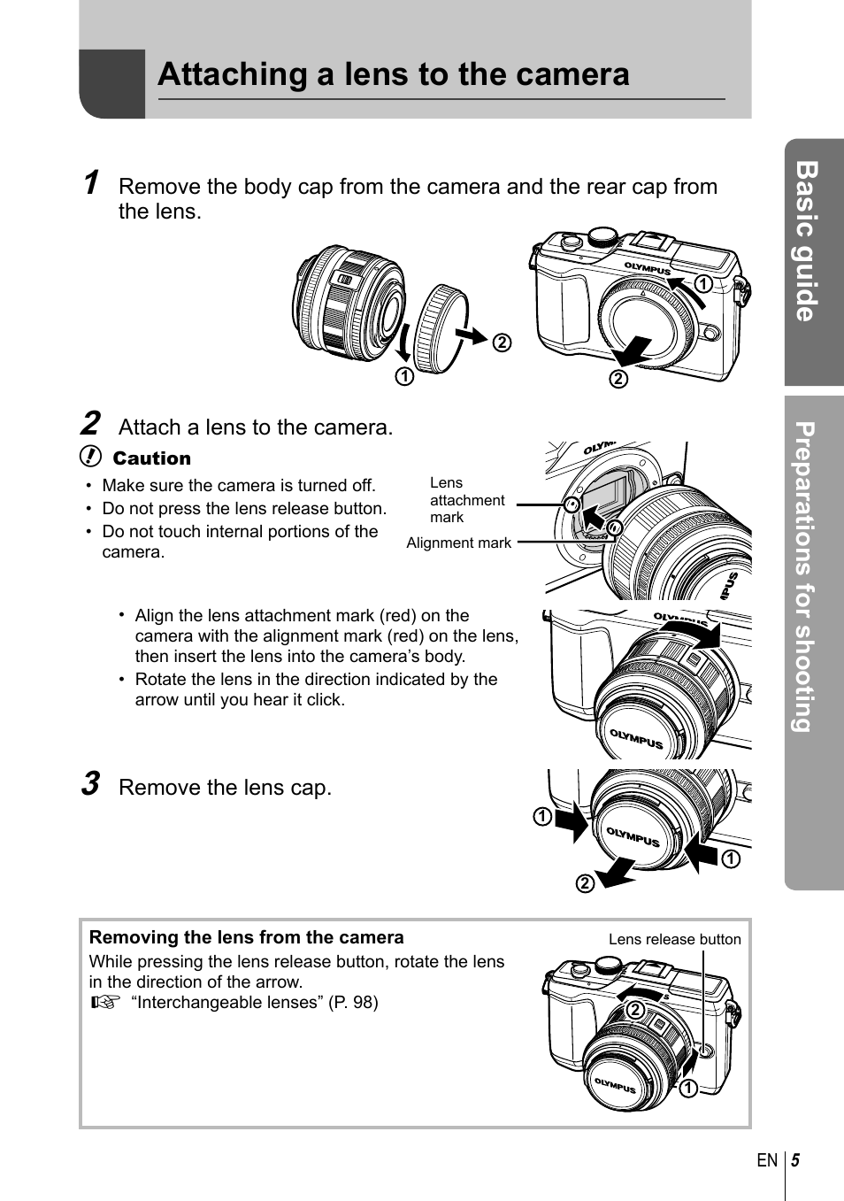 Attaching a lens to the camera, Basic guide, Preparations for shooting | Olympus E-PL2 User Manual | Page 5 / 124