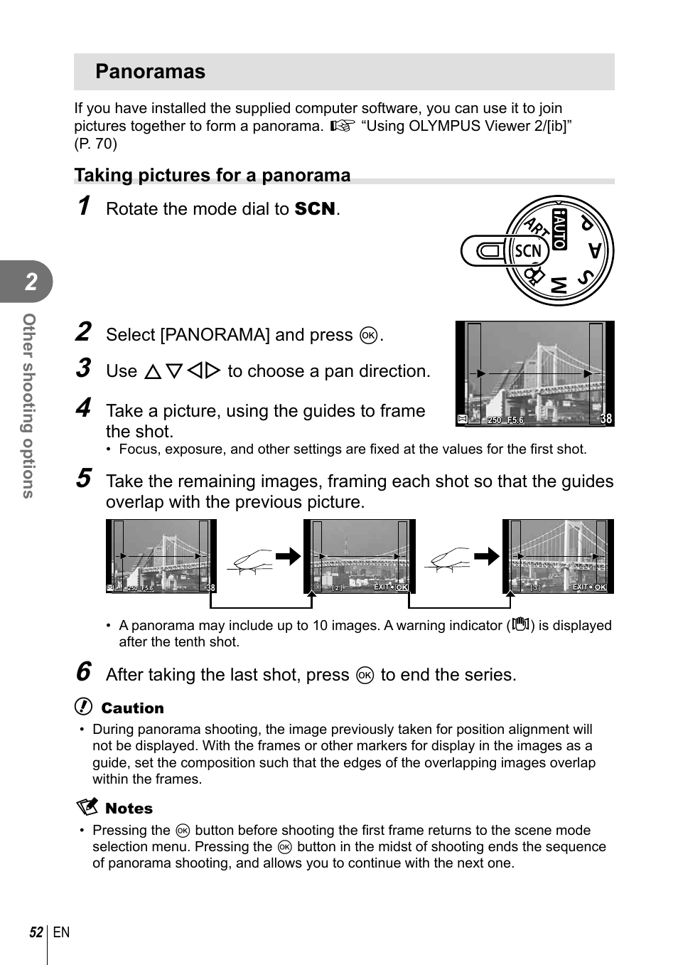 Panoramas, Taking pictures for a panorama | Olympus E-PL2 User Manual | Page 52 / 124