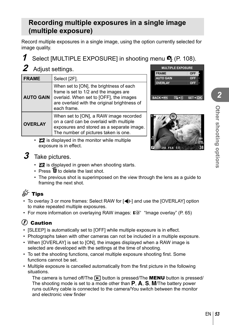 Adjust settings, Take pictures, Other shooting options | Olympus E-PL2 User Manual | Page 53 / 124