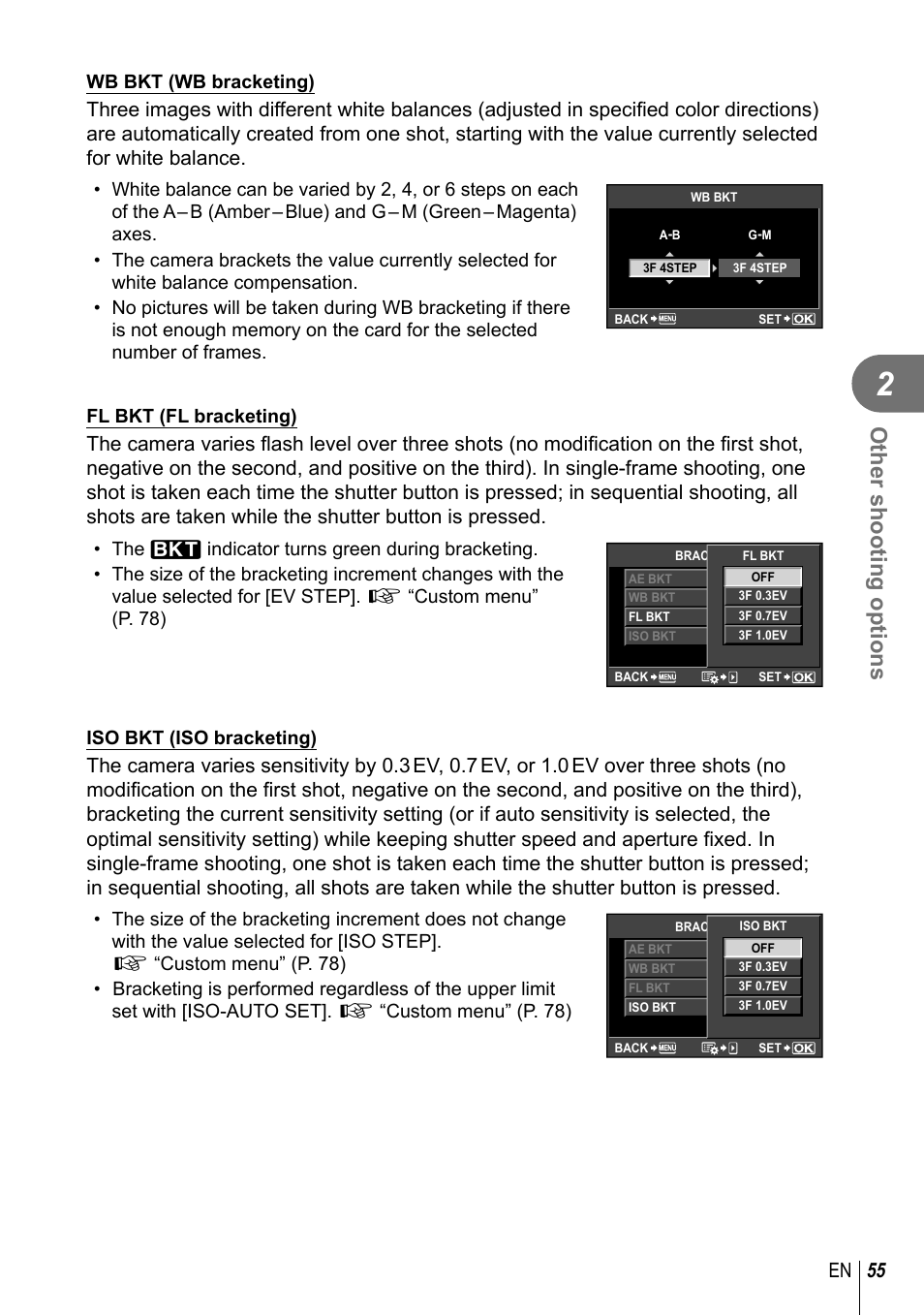 Other shooting options, 55 en, Wb bkt (wb bracketing) | Fl bkt (fl bracketing), Iso bkt (iso bracketing) | Olympus E-PL2 User Manual | Page 55 / 124