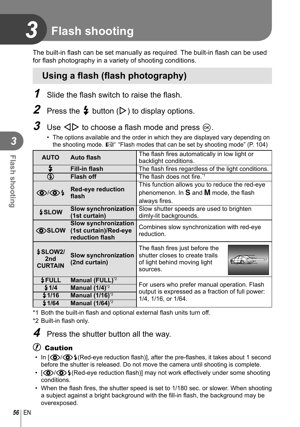 Flash shooting, Using a fl ash (fl ash photography) | Olympus E-PL2 User Manual | Page 56 / 124