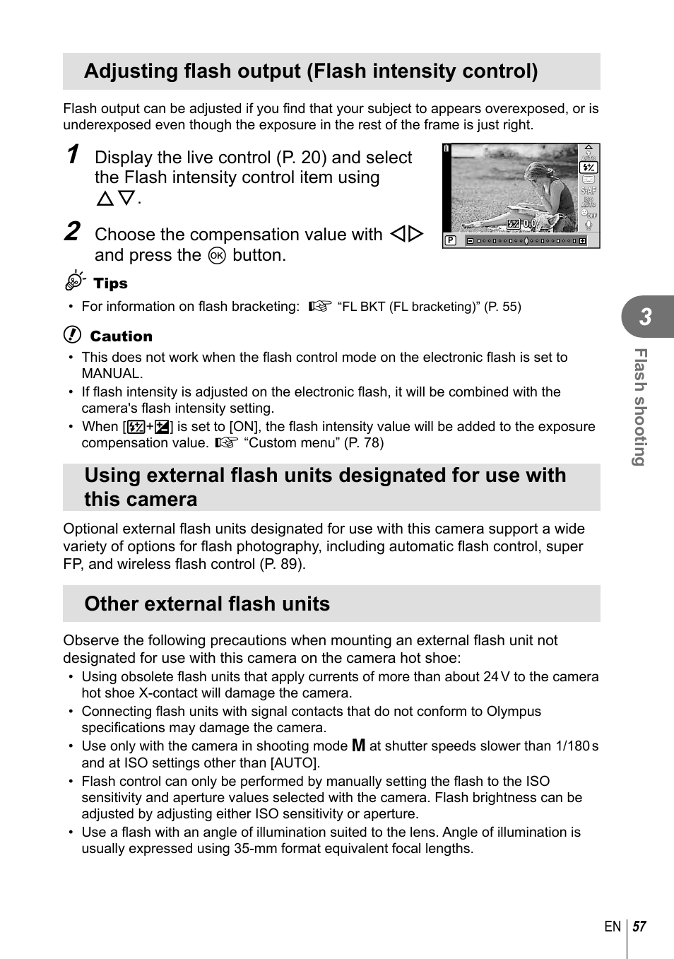 Adjusting fl ash output (flash intensity control), Other external fl ash units | Olympus E-PL2 User Manual | Page 57 / 124