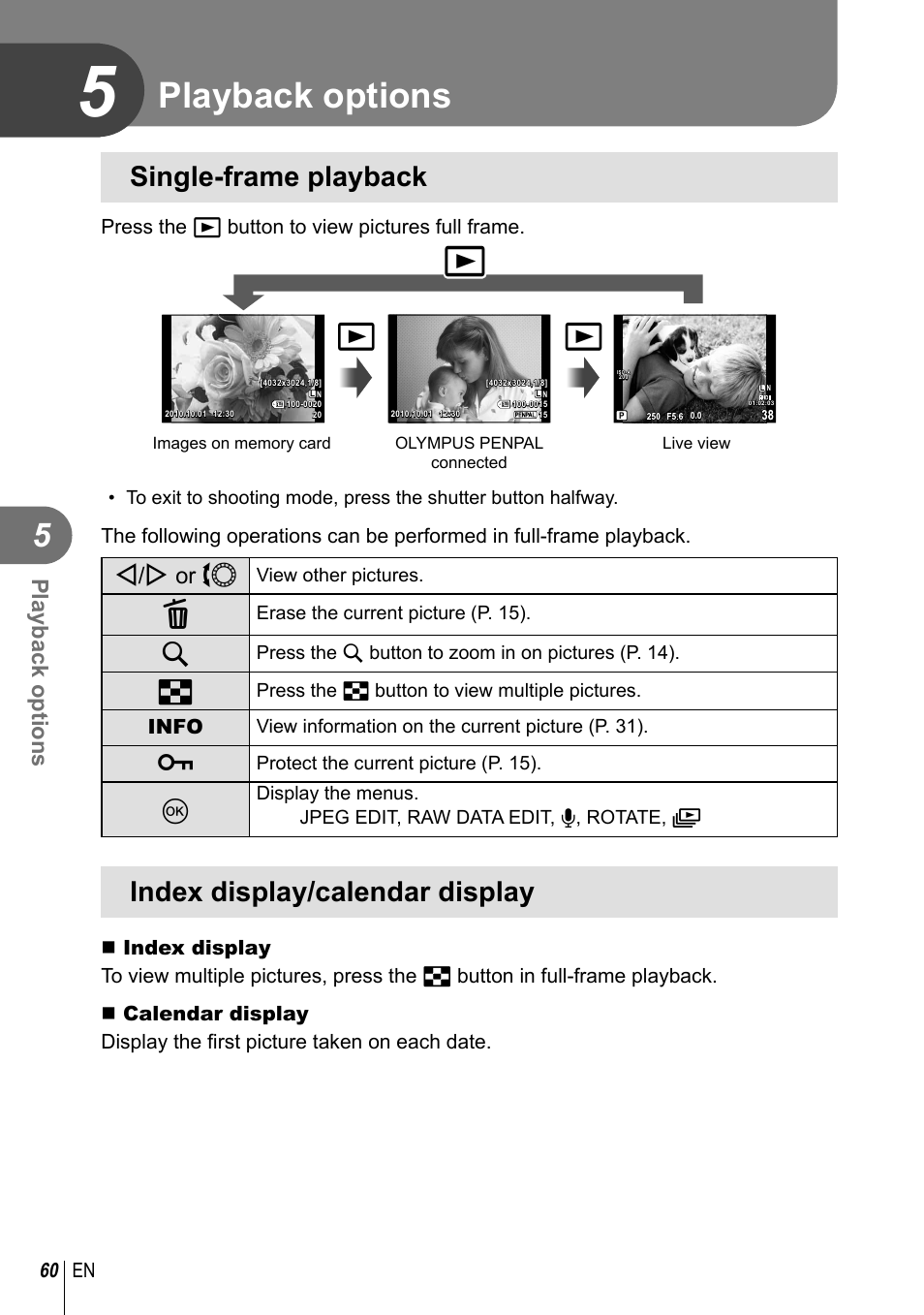 Playback options, Single-frame playback, Index display/calendar display | H/i or j | Olympus E-PL2 User Manual | Page 60 / 124
