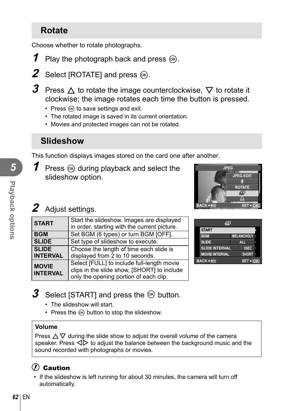 Rotate, Slideshow | Olympus E-PL2 User Manual | Page 62 / 124