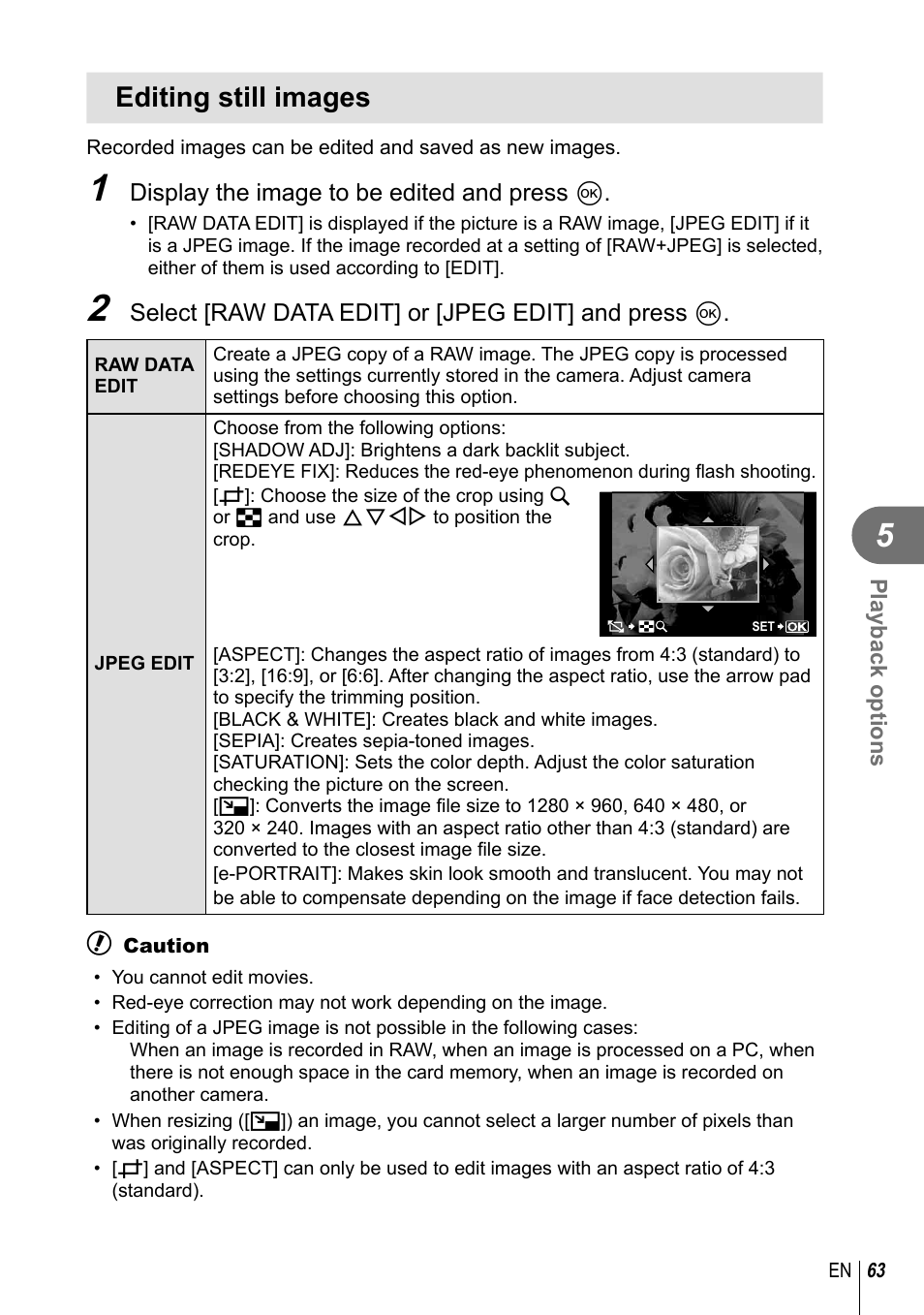 Editing still images | Olympus E-PL2 User Manual | Page 63 / 124