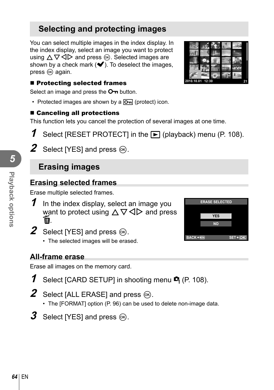 Selecting and protecting images, Erasing images | Olympus E-PL2 User Manual | Page 64 / 124