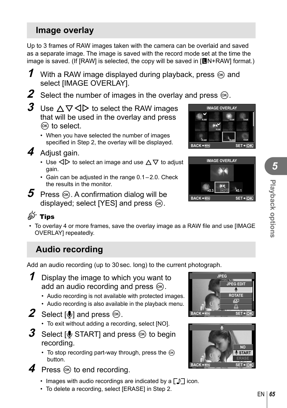 Image overlay, Audio recording, With a raw image displayed during playback, press | And select [image overlay, Adjust gain, Select [r] and press q, Select [r start] and press q to begin recording, Press q to end recording | Olympus E-PL2 User Manual | Page 65 / 124