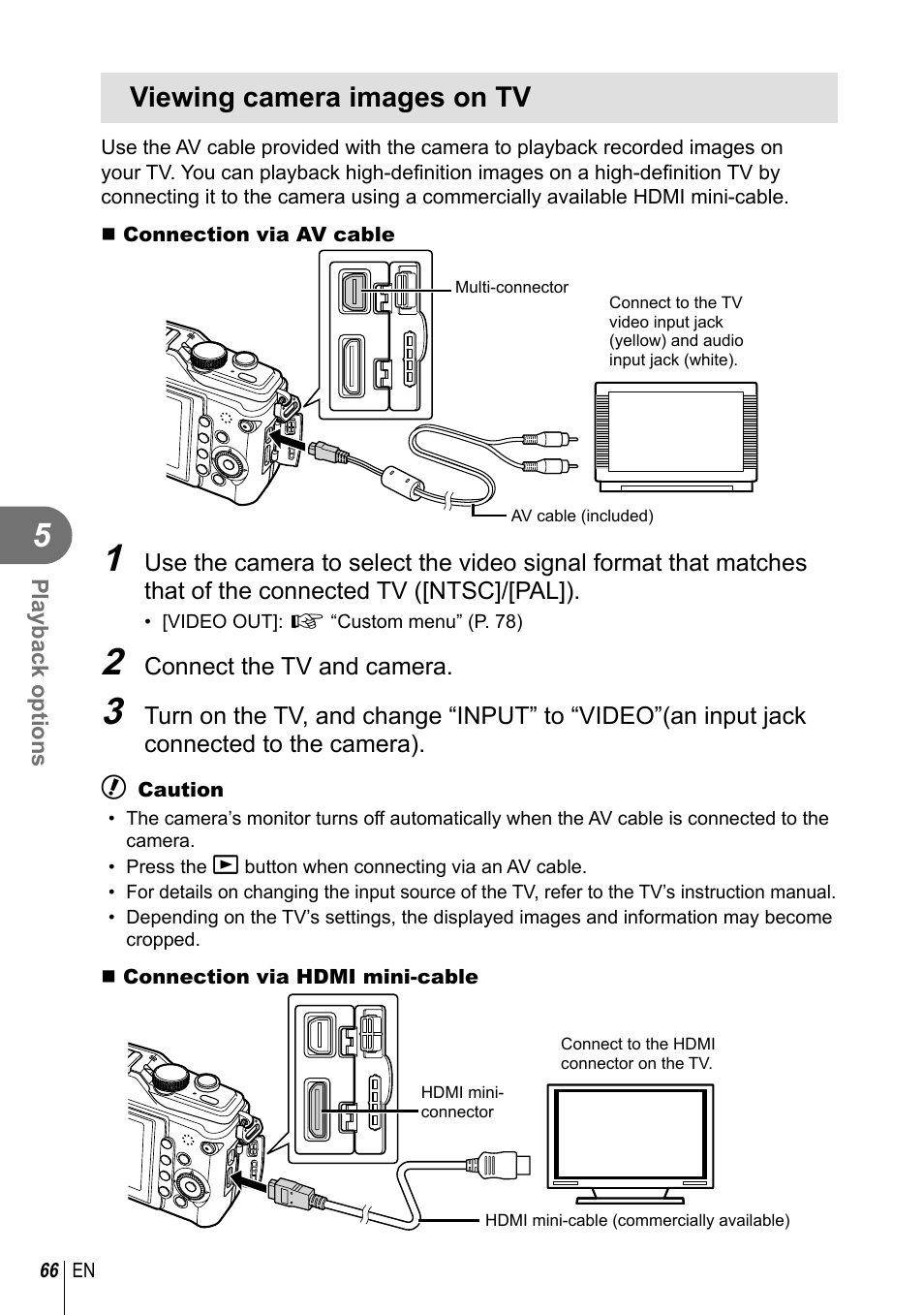 Viewing camera images on tv | Olympus E-PL2 User Manual | Page 66 / 124