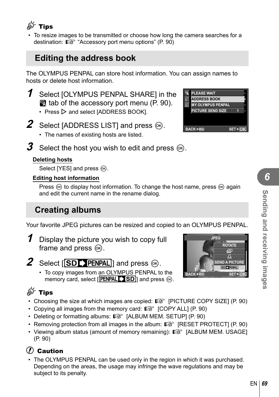 Editing the address book, Creating albums, Select [address list] and press q | Select the host you wish to edit and press q, Select [z] and press q | Olympus E-PL2 User Manual | Page 69 / 124