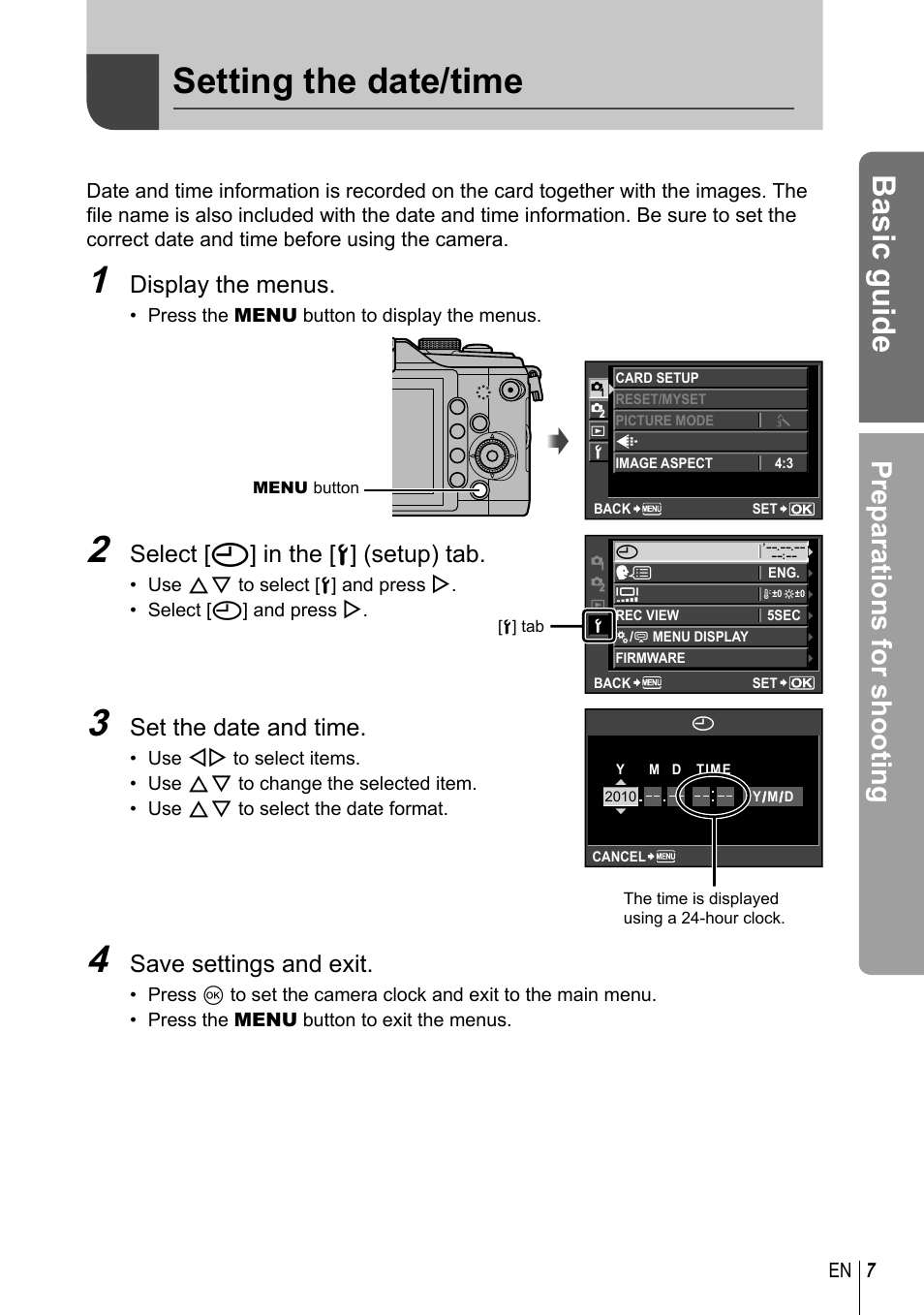 Setting the date/time, Basic guide, Preparations for shooting | Display the menus, Select [ x] in the [d] (setup) tab, Set the date and time, Save settings and exit | Olympus E-PL2 User Manual | Page 7 / 124