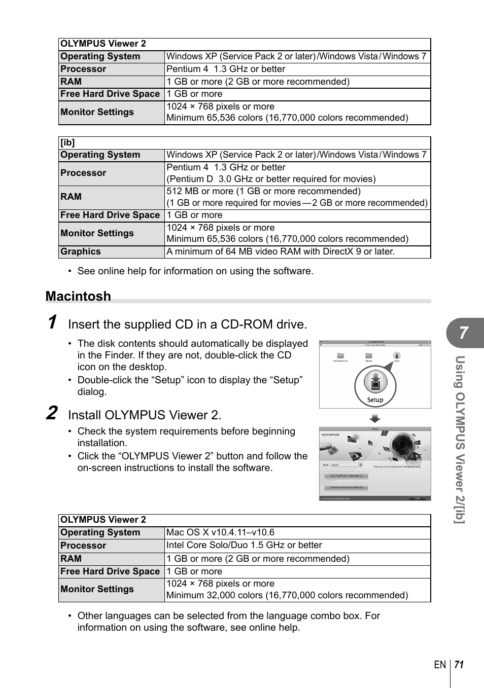 Macintosh, Insert the supplied cd in a cd-rom drive, Install olympus viewer 2 | Olympus E-PL2 User Manual | Page 71 / 124