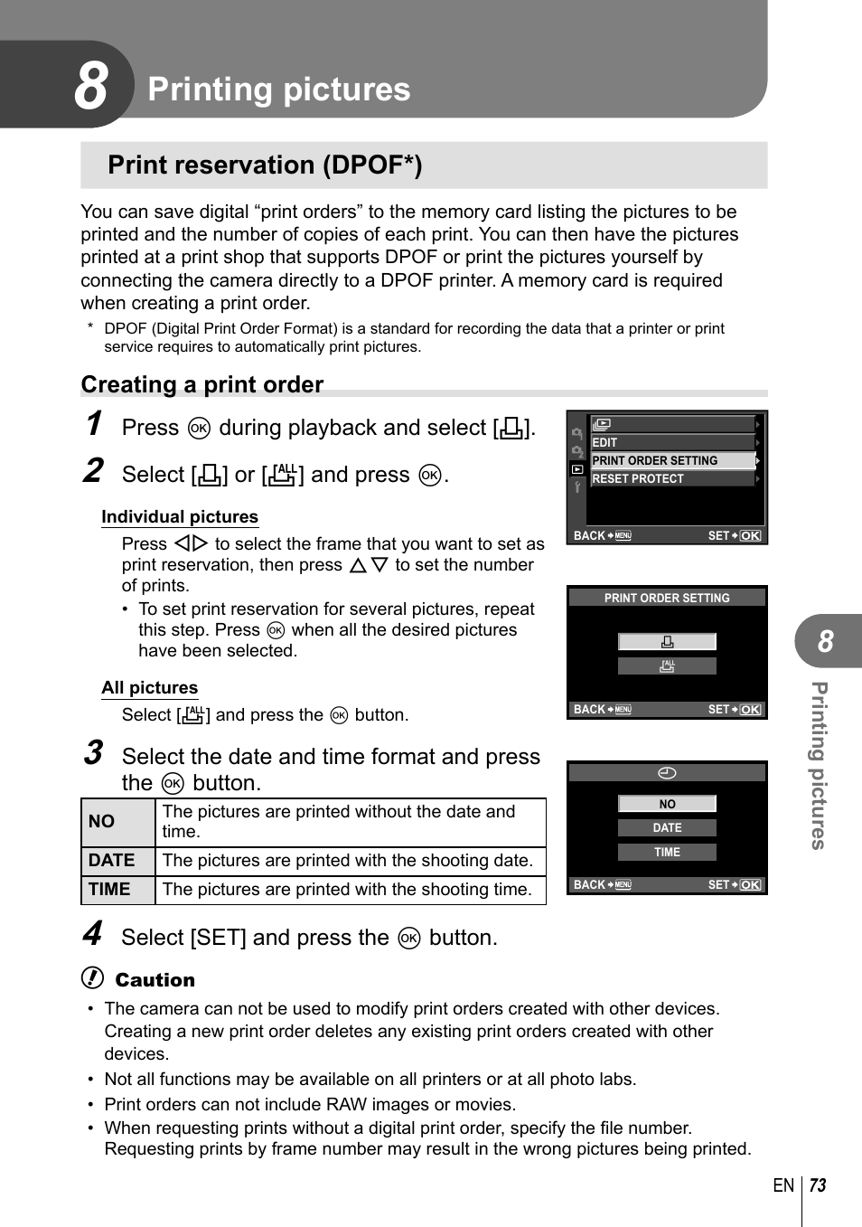 Printing pictures, Print reservation (dpof*), Creating a print order | Olympus E-PL2 User Manual | Page 73 / 124