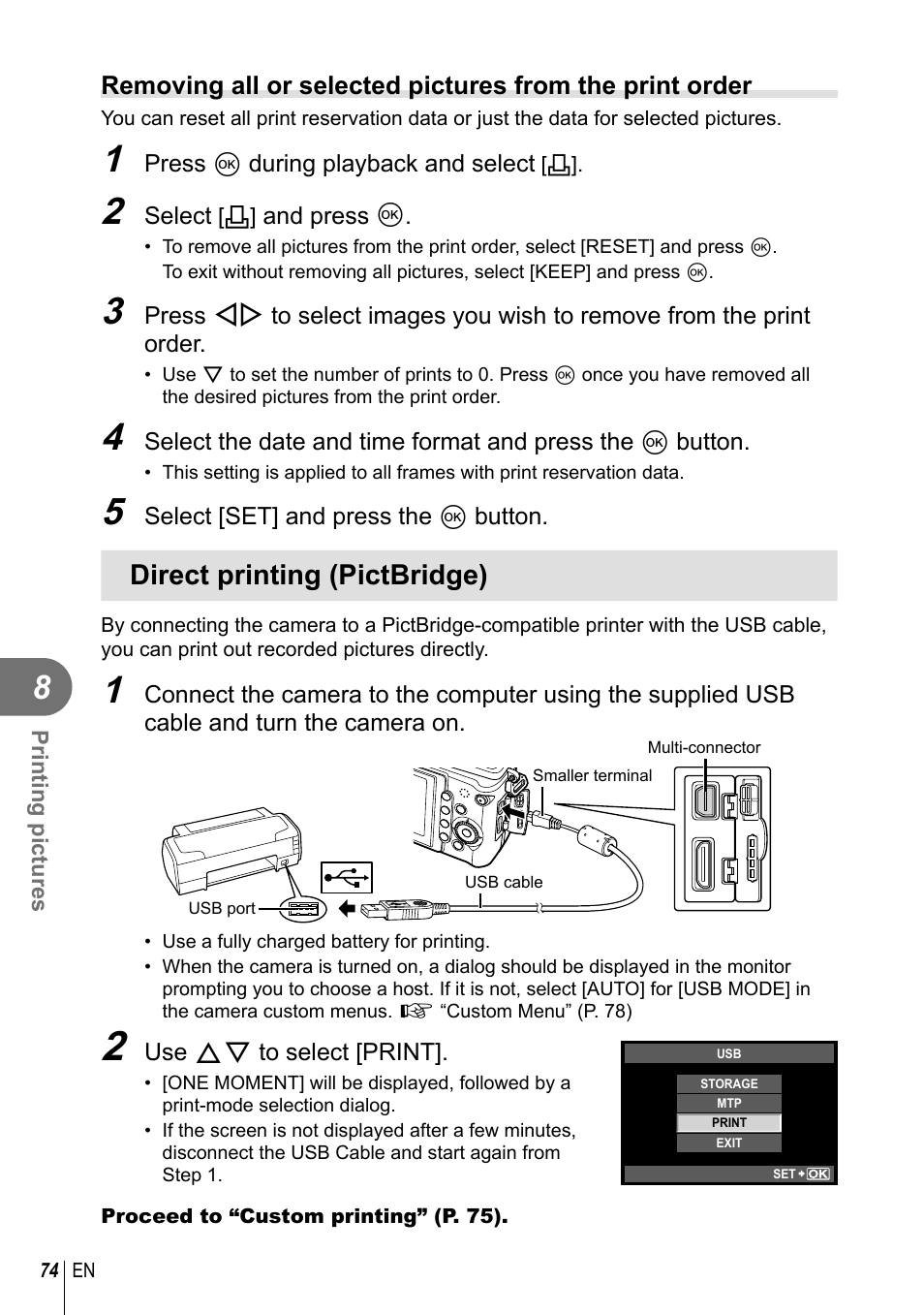Direct printing (pictbridge) | Olympus E-PL2 User Manual | Page 74 / 124