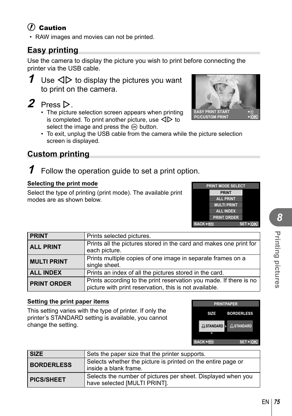 Easy printing, Custom printing, Press i | Follow the operation guide to set a print option | Olympus E-PL2 User Manual | Page 75 / 124