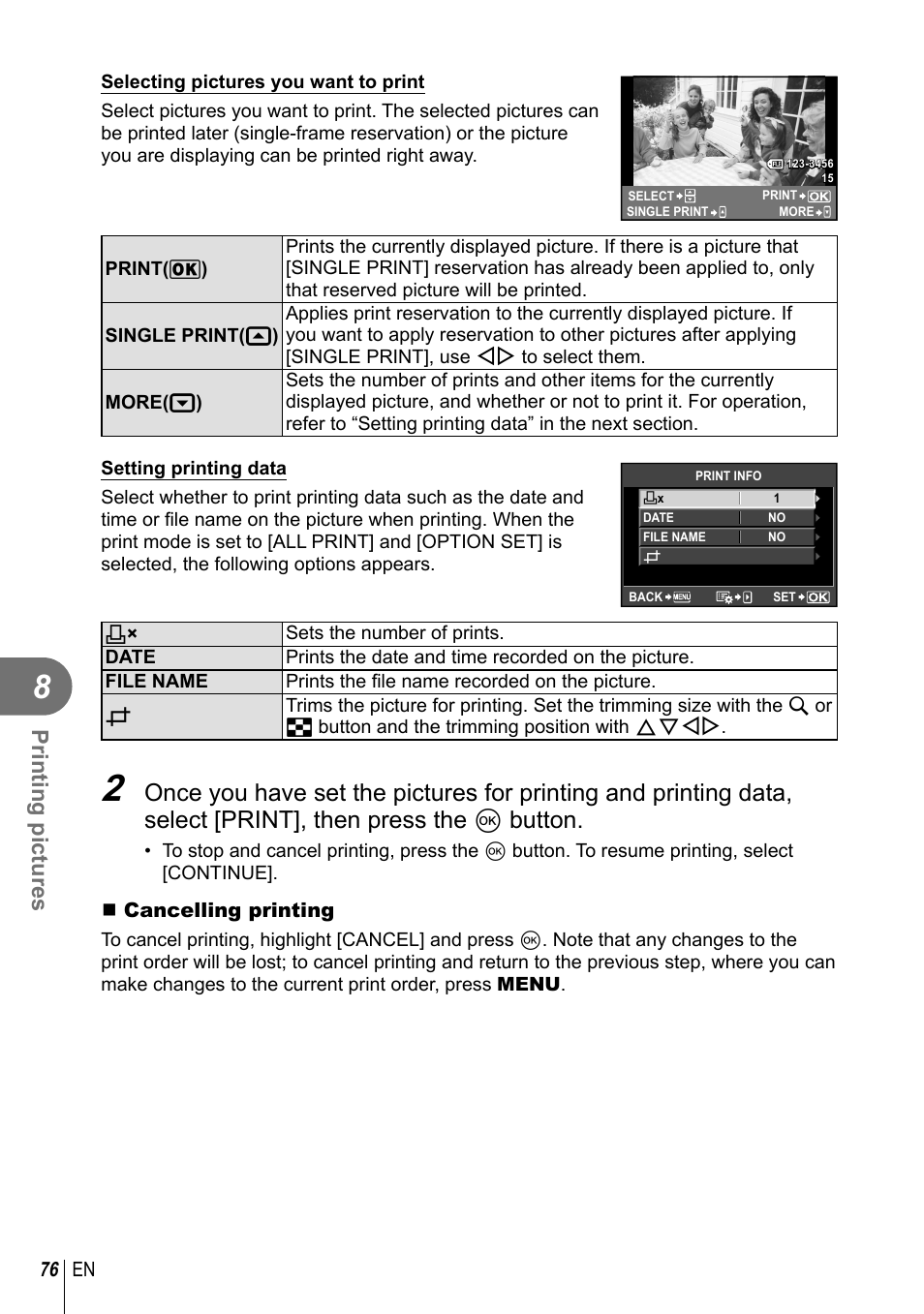 Printing pictures | Olympus E-PL2 User Manual | Page 76 / 124
