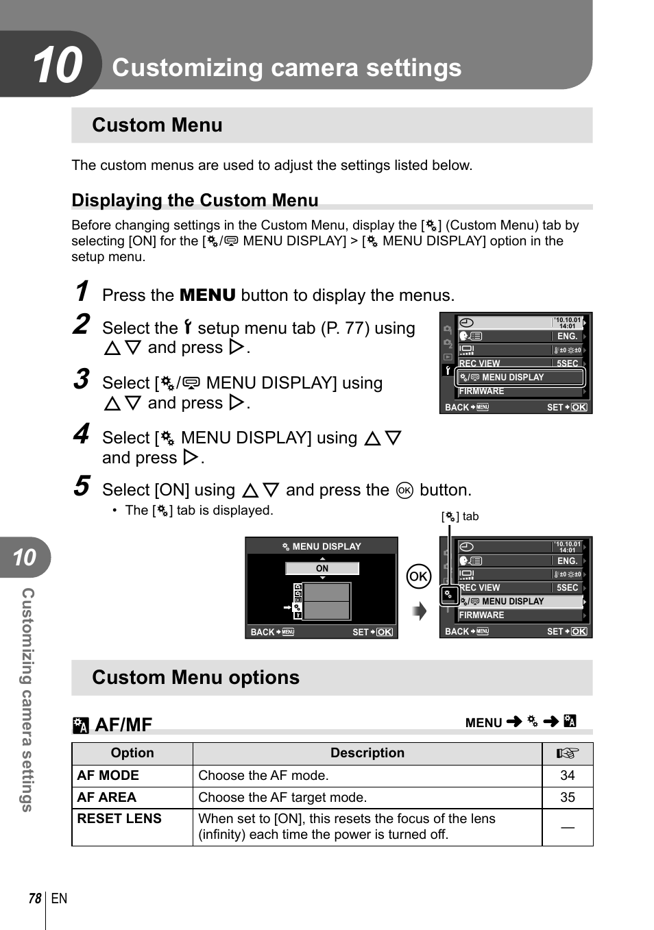 Customizing camera settings, Custom menu, Custom menu options | R af/mf, Displaying the custom menu | Olympus E-PL2 User Manual | Page 78 / 124