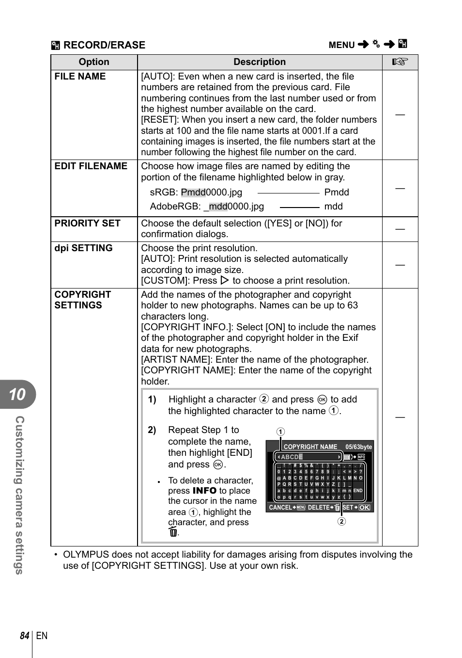 Customizing camera settings, 84 en, Y record/erase | Olympus E-PL2 User Manual | Page 84 / 124