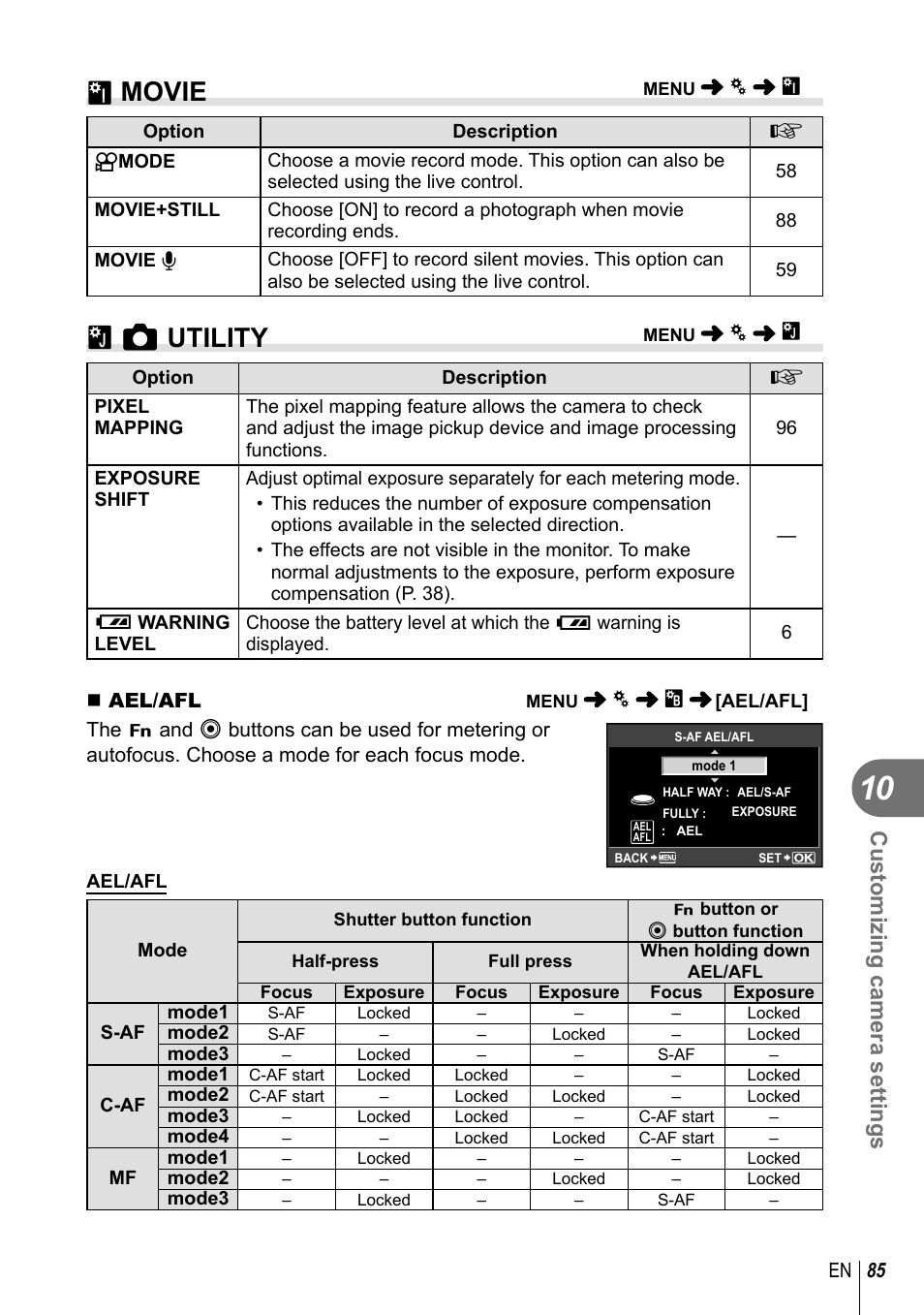 Z movie, B k utility, Customizing camera settings | Olympus E-PL2 User Manual | Page 85 / 124