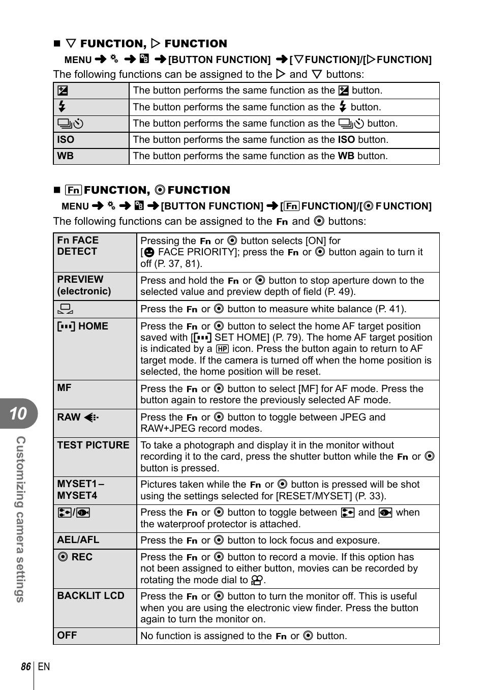 Customizing camera settings | Olympus E-PL2 User Manual | Page 86 / 124