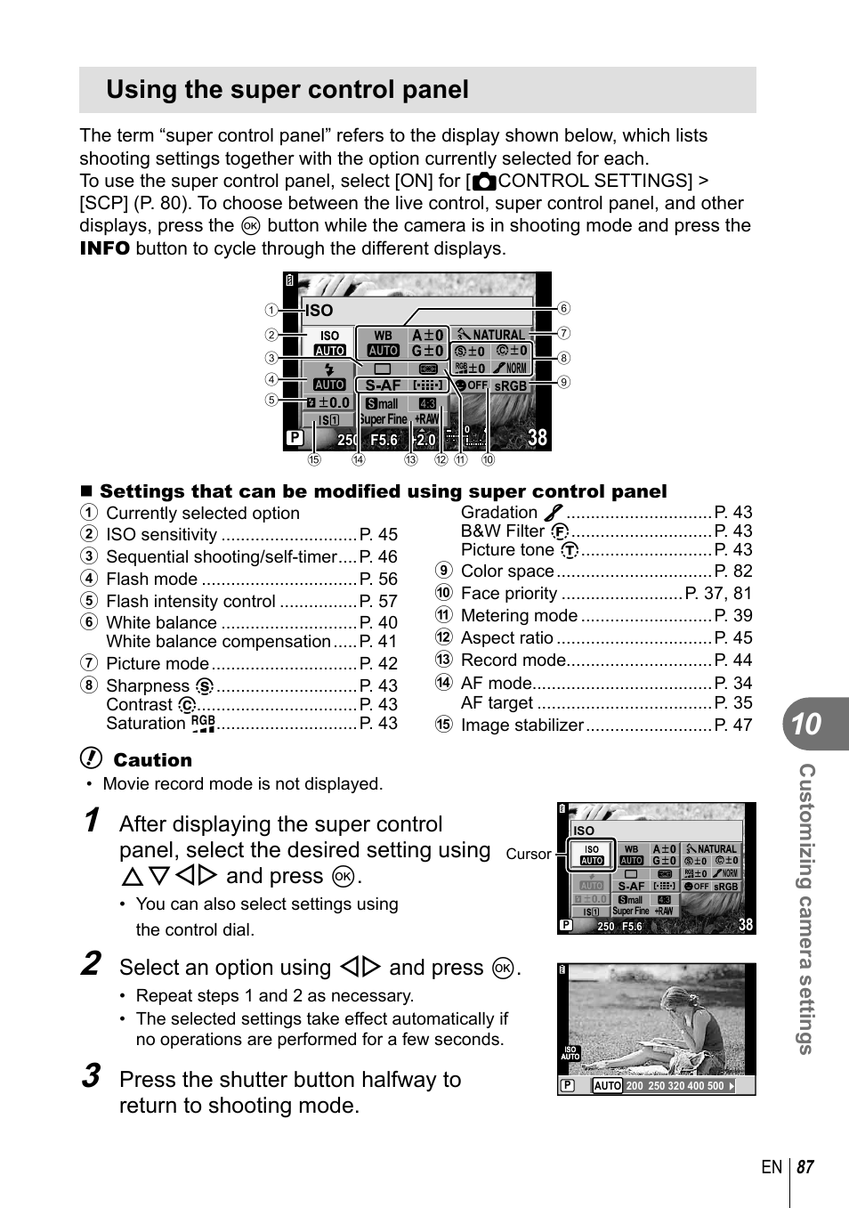 Using the super control panel, Select an option using hi and press q, Customizing camera settings | Olympus E-PL2 User Manual | Page 87 / 124