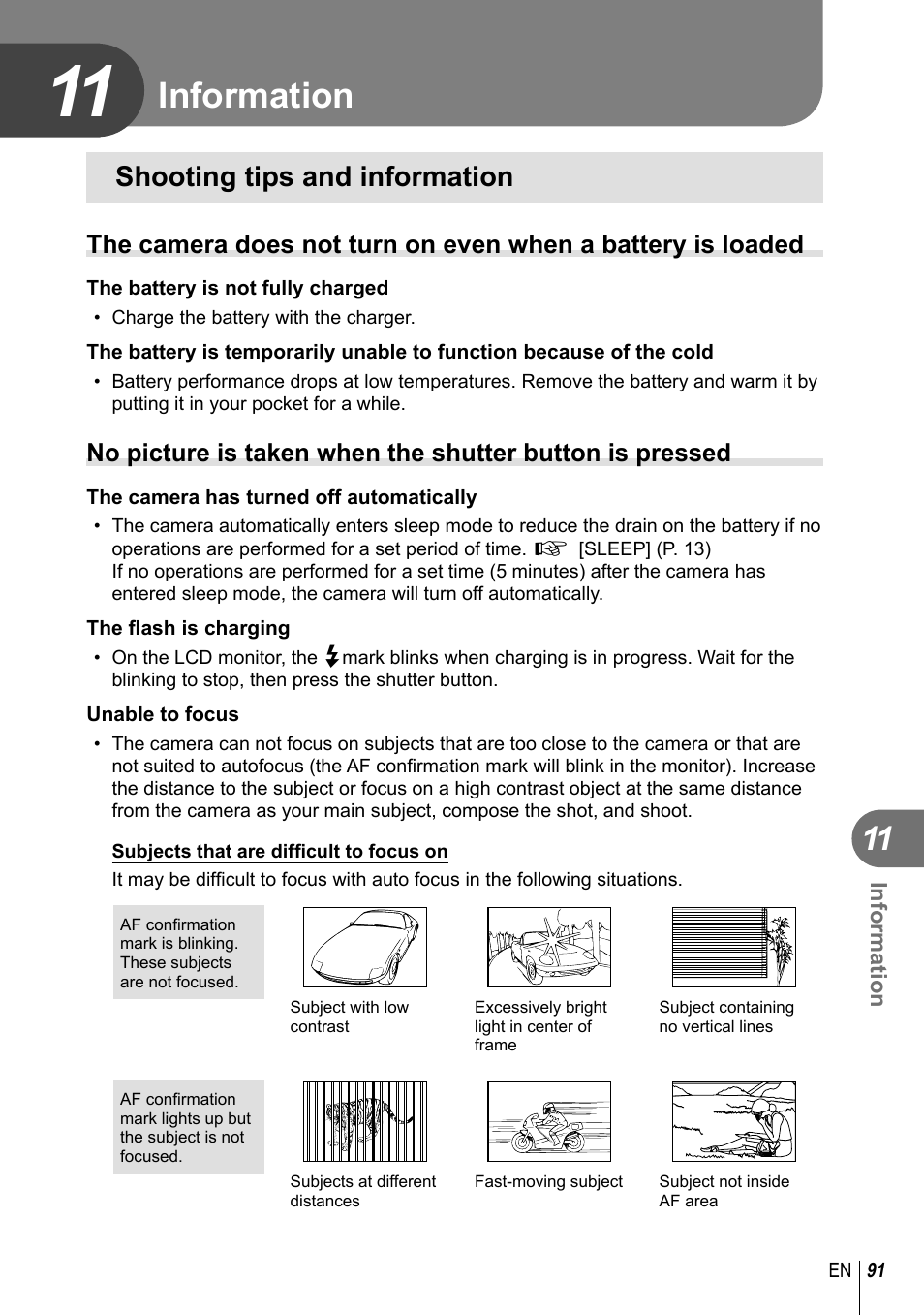 Information, Shooting tips and information | Olympus E-PL2 User Manual | Page 91 / 124