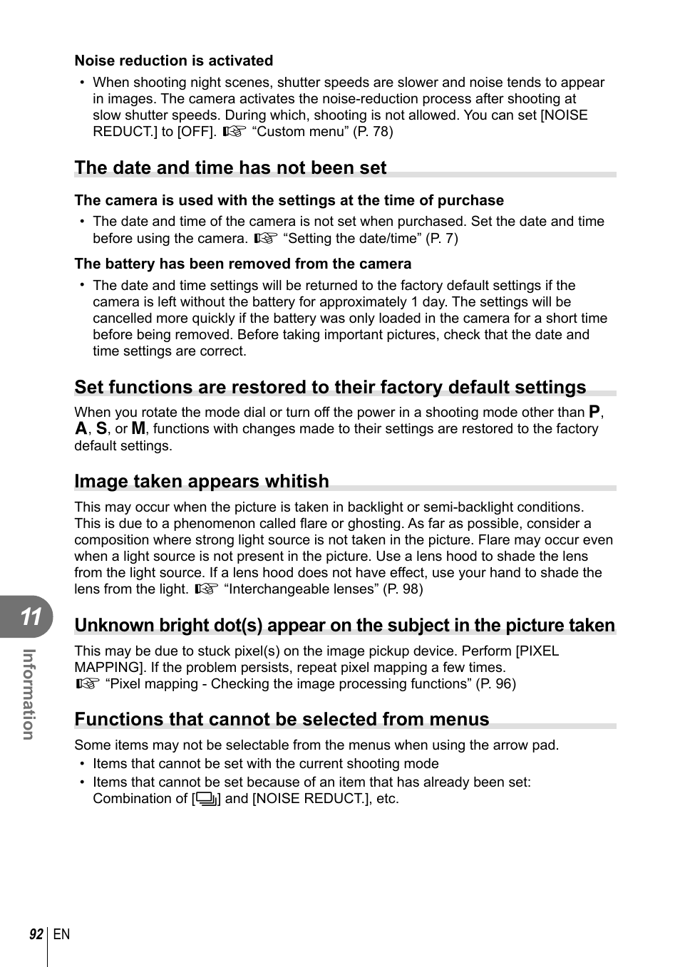 The date and time has not been set, Image taken appears whitish, Functions that cannot be selected from menus | Olympus E-PL2 User Manual | Page 92 / 124