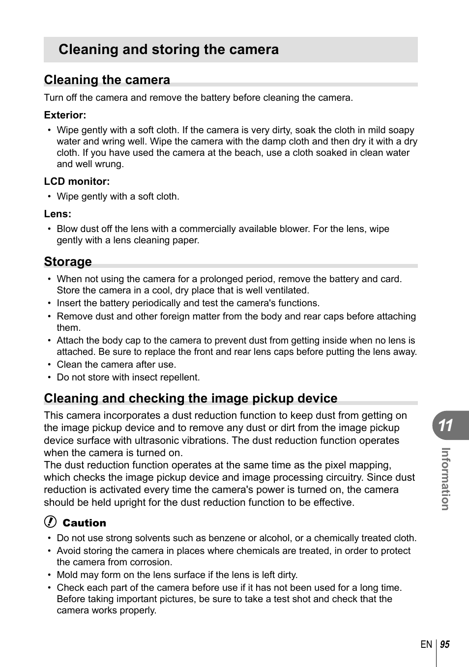 Cleaning and storing the camera, Cleaning the camera, Storage | Cleaning and checking the image pickup device | Olympus E-PL2 User Manual | Page 95 / 124