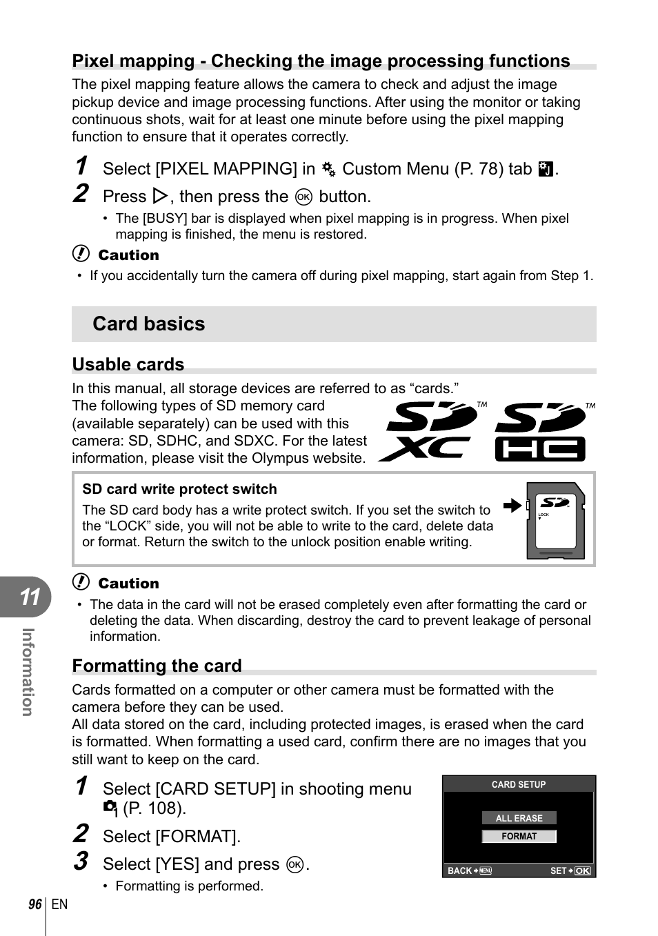 Card basics | Olympus E-PL2 User Manual | Page 96 / 124