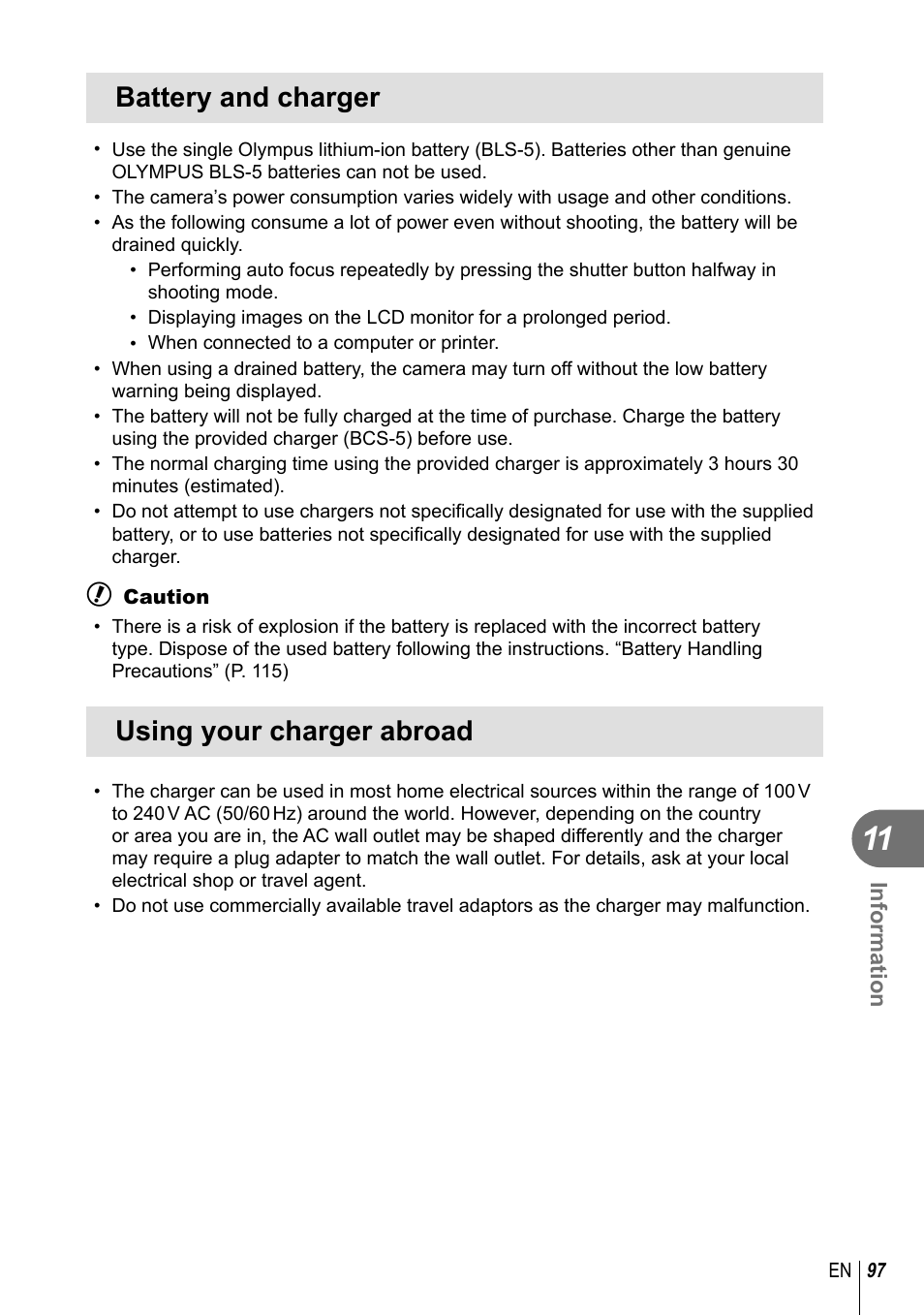 Battery and charger, Using your charger abroad | Olympus E-PL2 User Manual | Page 97 / 124