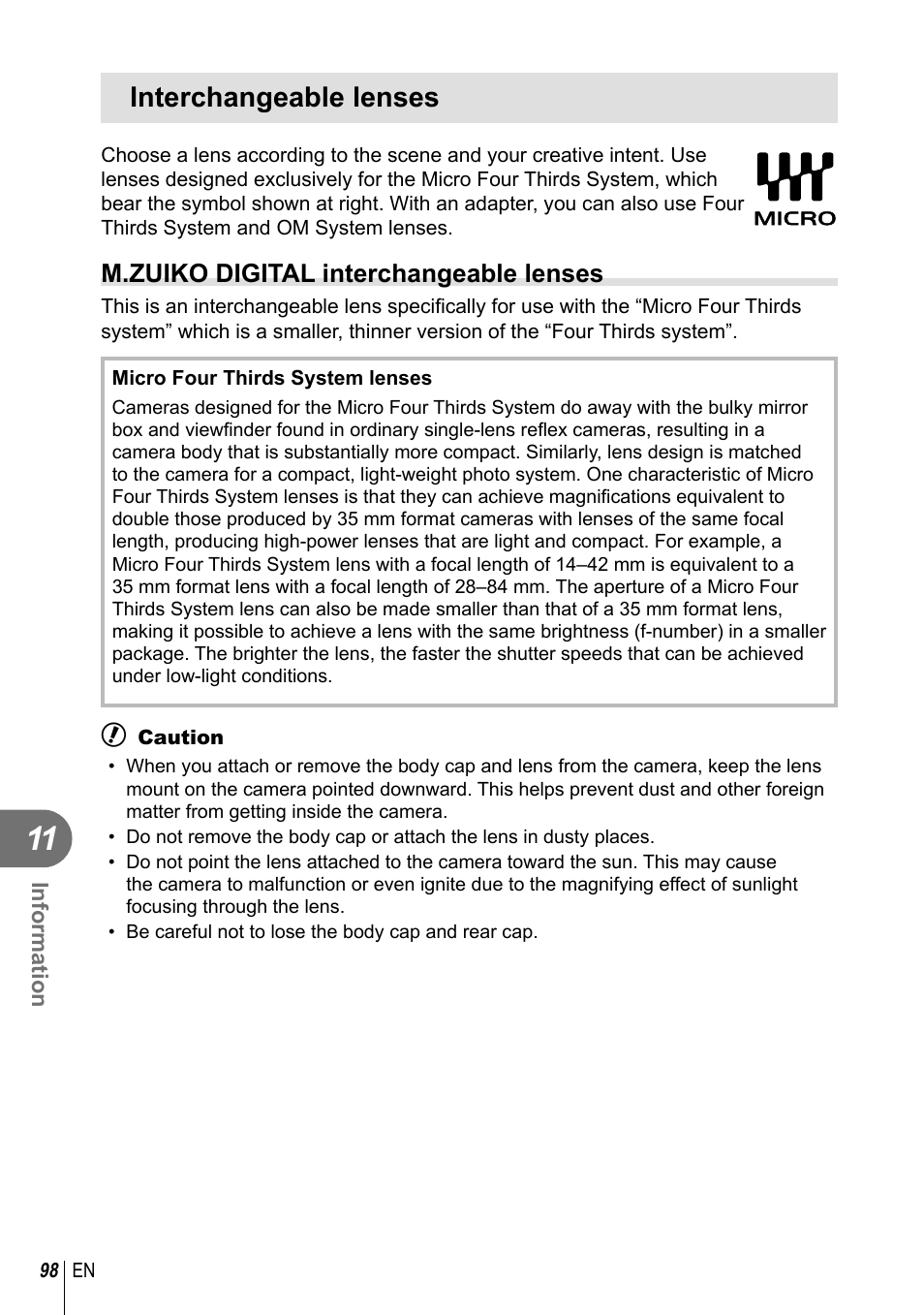 Interchangeable lenses, M.zuiko digital interchangeable lenses | Olympus E-PL2 User Manual | Page 98 / 124