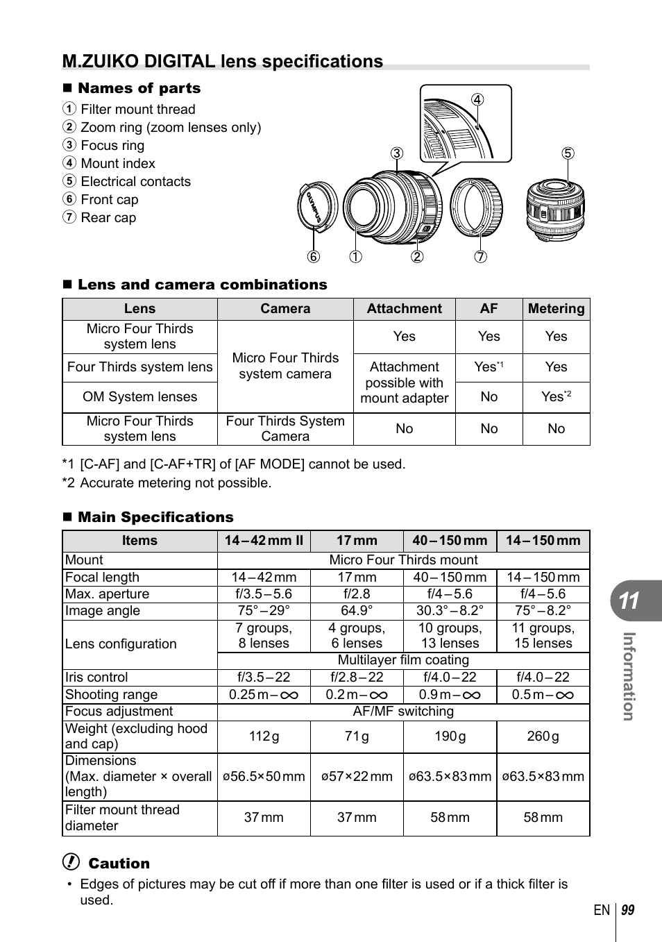 M.zuiko digital lens specifi cations, Information | Olympus E-PL2 User Manual | Page 99 / 124