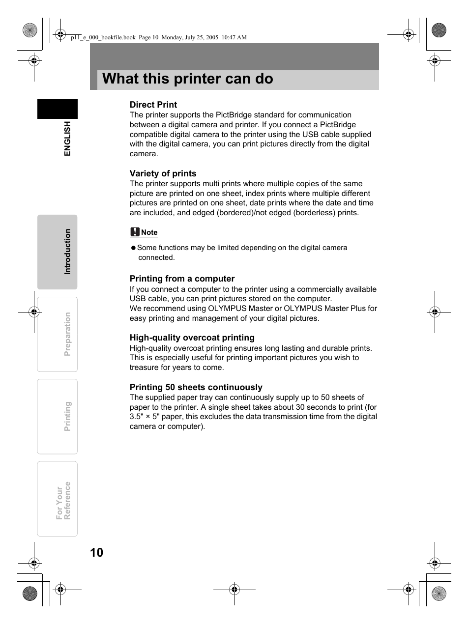 What this printer can do | Olympus P-11 User Manual | Page 10 / 164