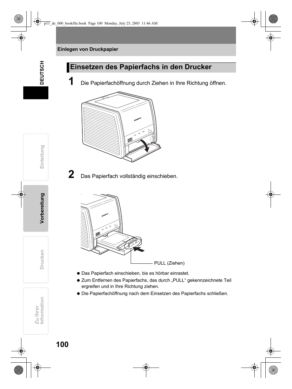 Einsetzen des papierfachs in den drucker | Olympus P-11 User Manual | Page 100 / 164