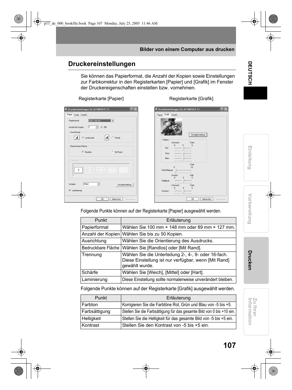 Druckereinstellungen | Olympus P-11 User Manual | Page 107 / 164