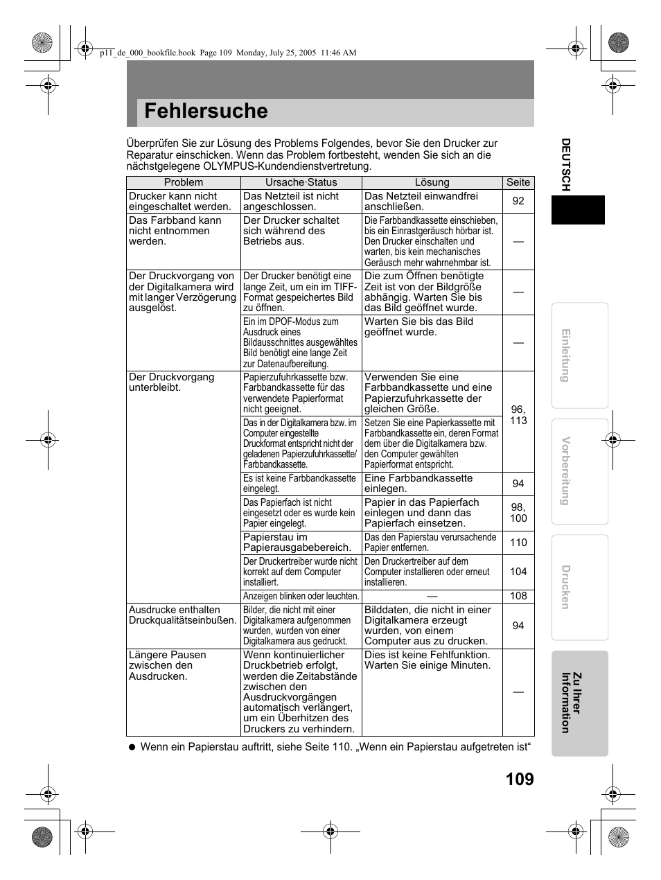 Fehlersuche | Olympus P-11 User Manual | Page 109 / 164