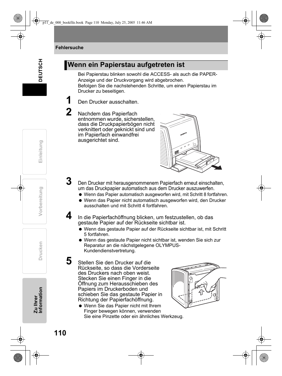 Wenn ein papierstau aufgetreten ist | Olympus P-11 User Manual | Page 110 / 164