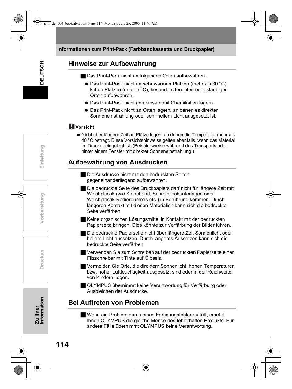 Hinweise zur aufbewahrung, Aufbewahrung von ausdrucken, Bei auftreten von problemen | Olympus P-11 User Manual | Page 114 / 164