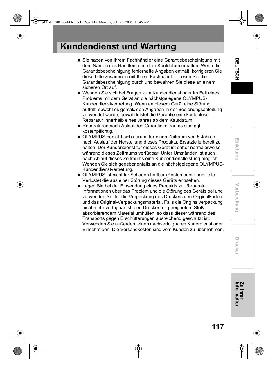 Kundendienst und wartung | Olympus P-11 User Manual | Page 117 / 164