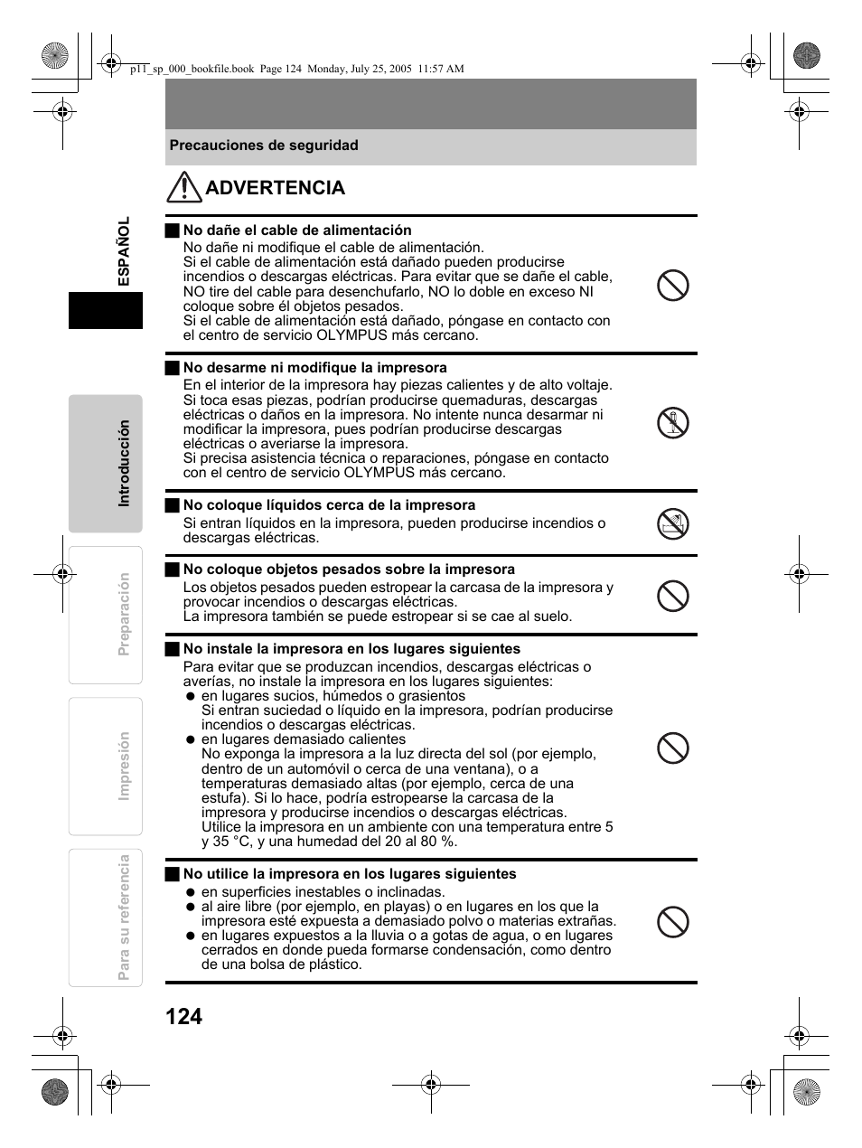 Advertencia | Olympus P-11 User Manual | Page 124 / 164