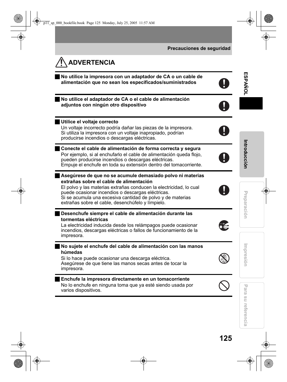 Advertencia | Olympus P-11 User Manual | Page 125 / 164