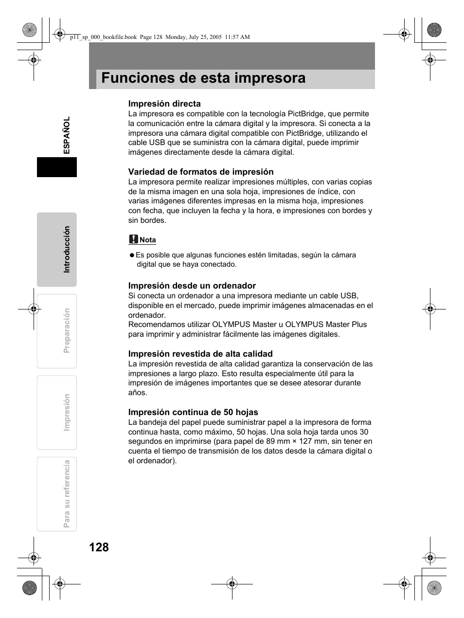 Funciones de esta impresora | Olympus P-11 User Manual | Page 128 / 164