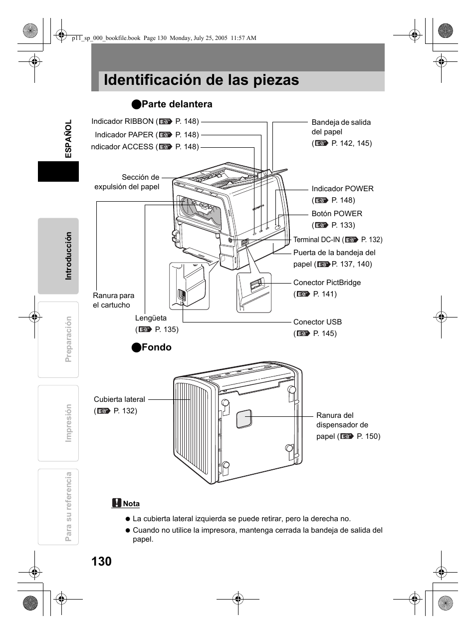 Identificación de las piezas | Olympus P-11 User Manual | Page 130 / 164
