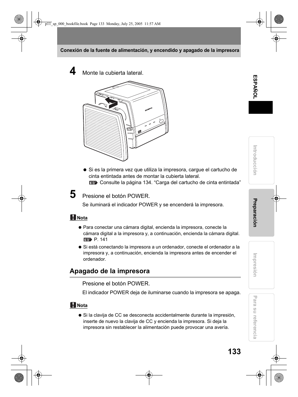 Apagado de la impresora | Olympus P-11 User Manual | Page 133 / 164