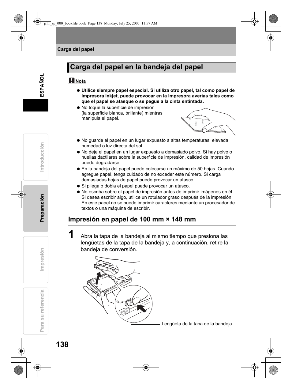 Carga del papel en la bandeja del papel | Olympus P-11 User Manual | Page 138 / 164